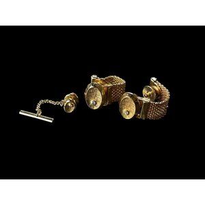 Vintage Oval Gold Tone Cufflinks Clasps and Tie Pin with Imitation Diamond Inlay